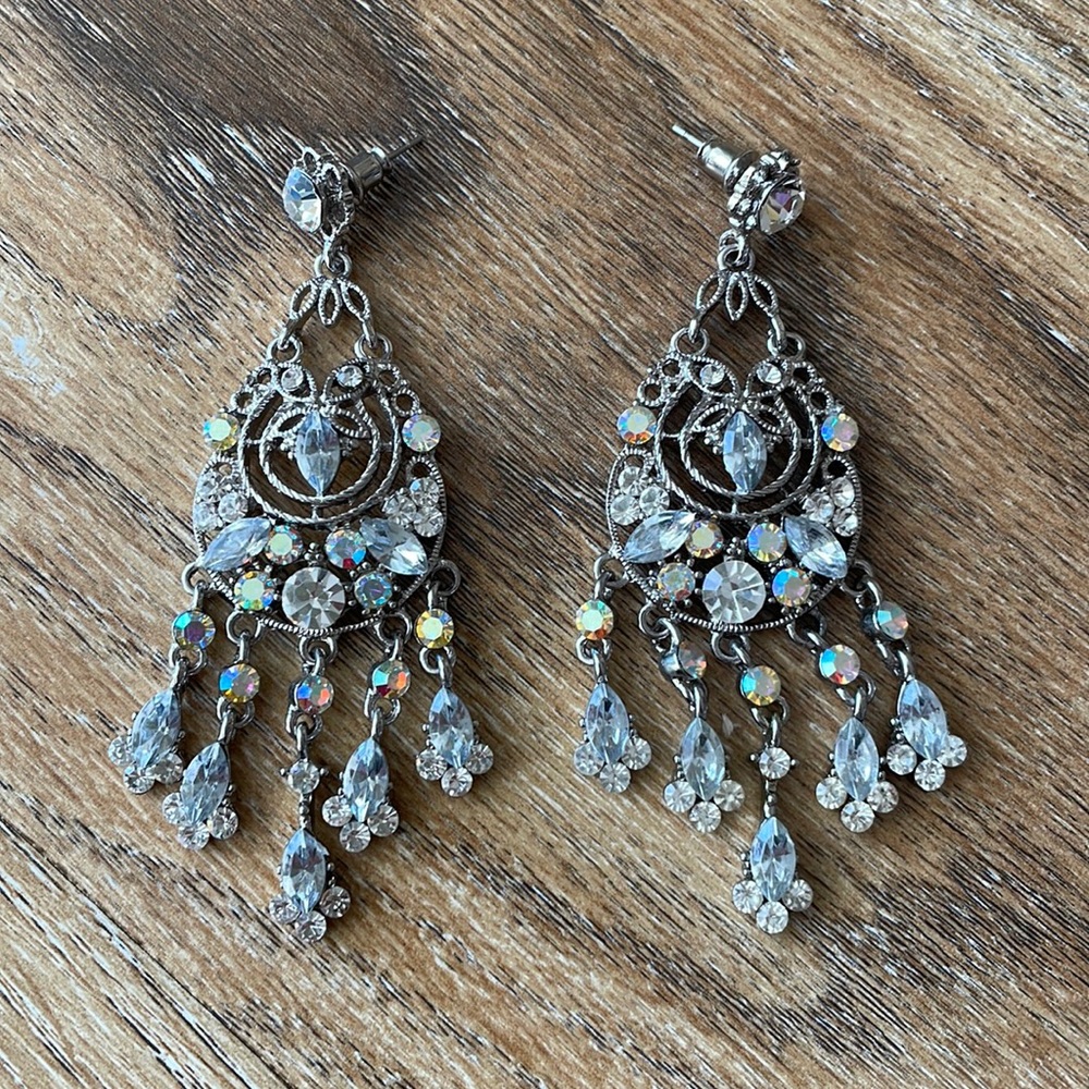 Irredescent Rhinestone Chandelier Statement Earrings